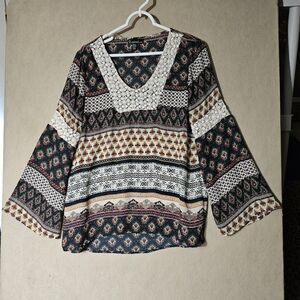 Boho Hippie Blouse Women's Medium Bell Sleeves Retro Geometric Southwestern Chic